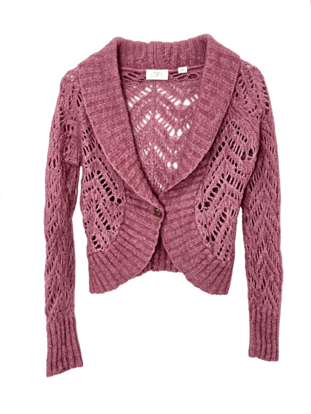 LOFT Mohair Wool Blend Vintage Y2K Open Knit Cardigan Dusty Rose Fit M Tag L